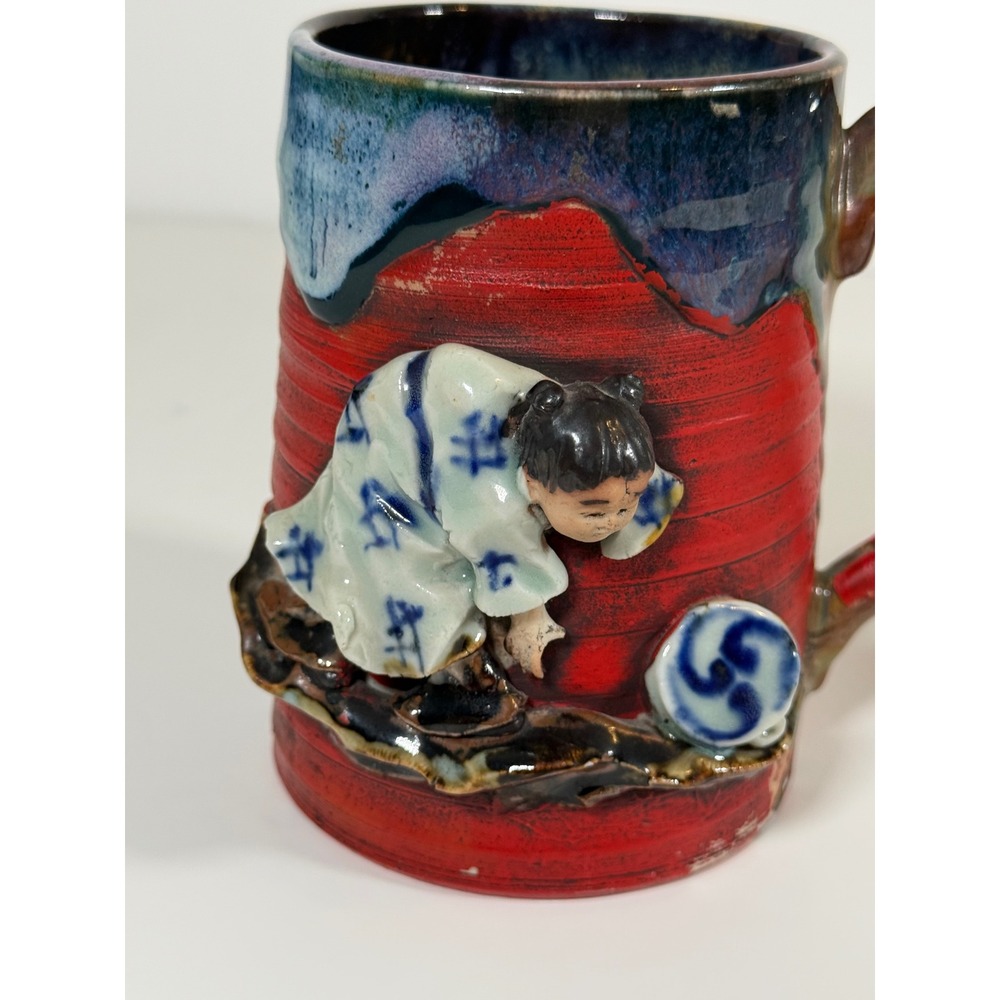 Japanese Sumida Gawa Wabi Sabi Studio Pottery Mug 5.25in 3D Red Blue Drip Glaze